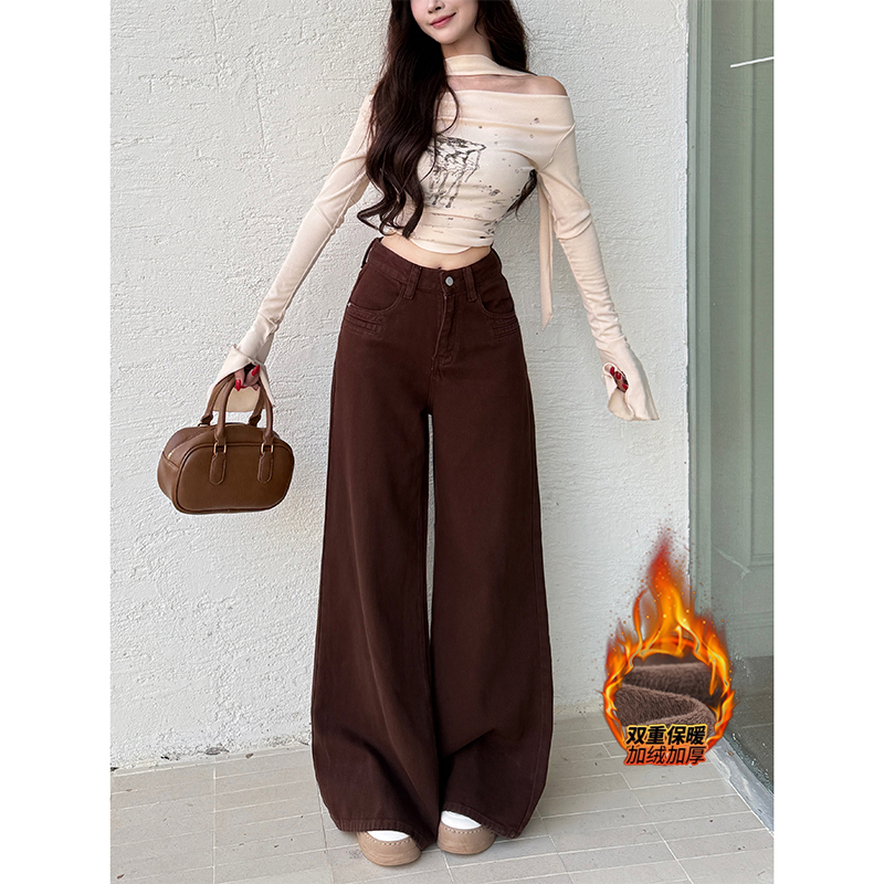 咖色美式加绒阔腿牛仔裤女2025冬季新款高腰宽松百搭显瘦拖地长裤