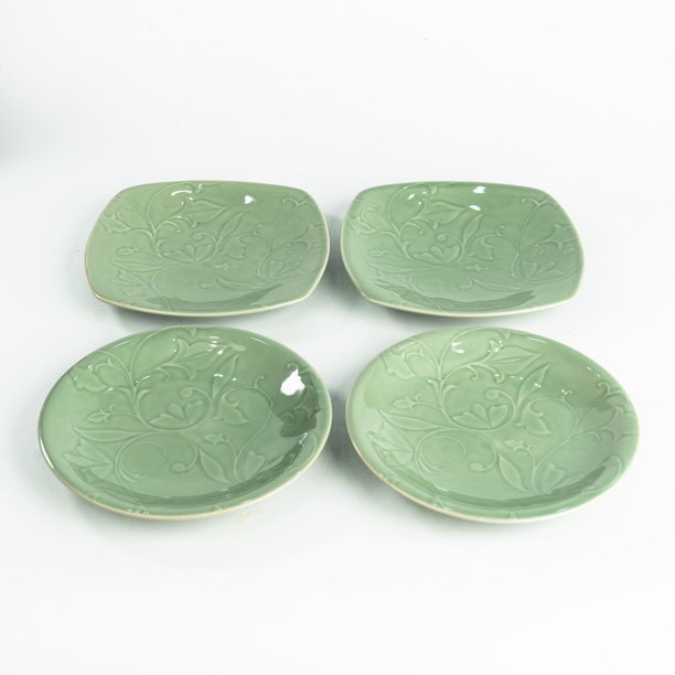 【元续寻瓷】耀州窑原矿高温青瓷中式浮雕玉兰家用高端餐盘餐盘套组