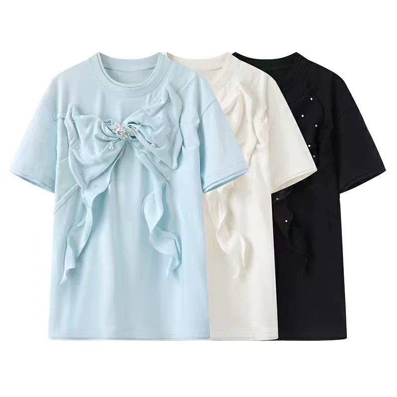 【Y021】2025夏新款爆款设计感小众蝴蝶结可露丽风短袖t恤女