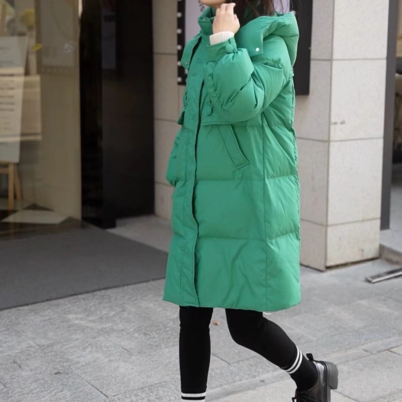 连帽中长款纯色藏青色长款保暖修身韩版显瘦