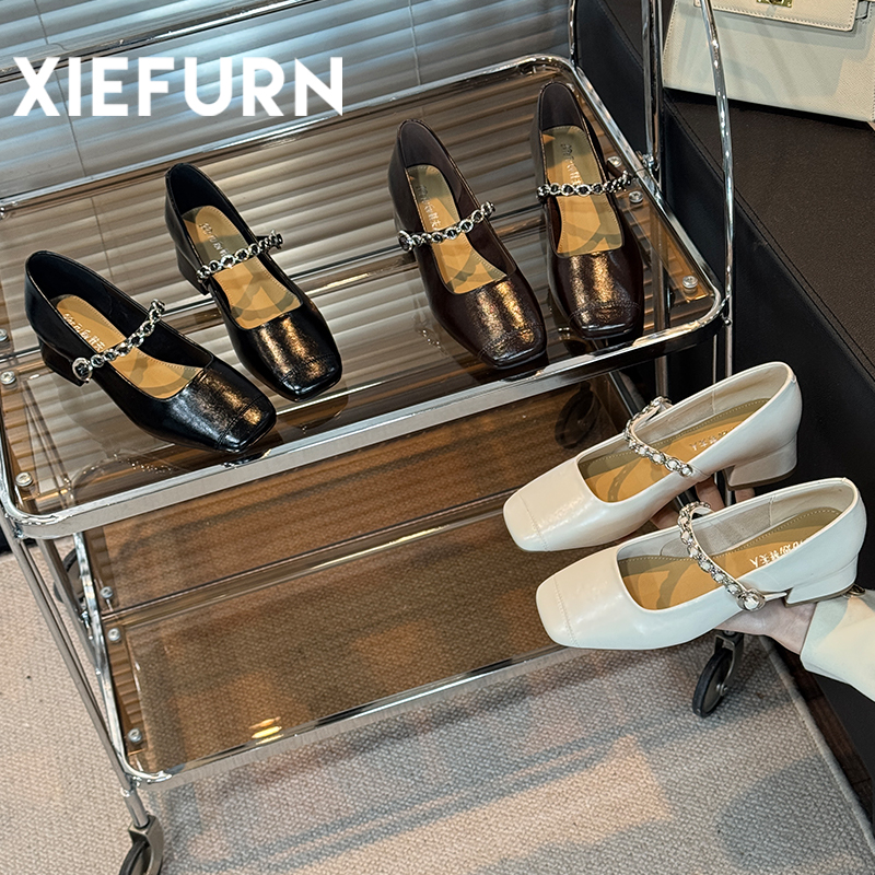 XIEFURN/鞋夫人2025春季新款中跟小皮鞋法式单鞋一字带玛丽珍女鞋