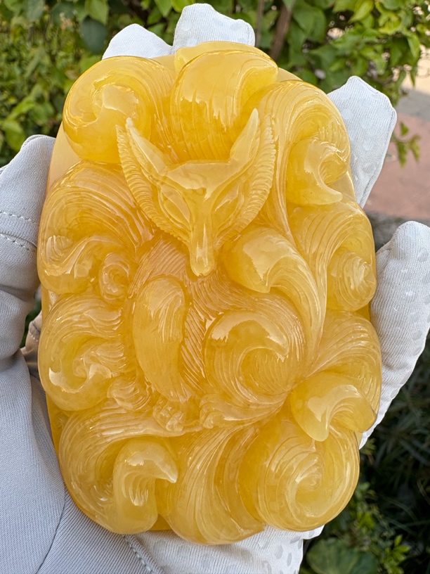 假一赔十，天然琥珀蜜蜡，蜜蜡雕刻件，蜜蜡吊坠，九尾，凤九 编号26