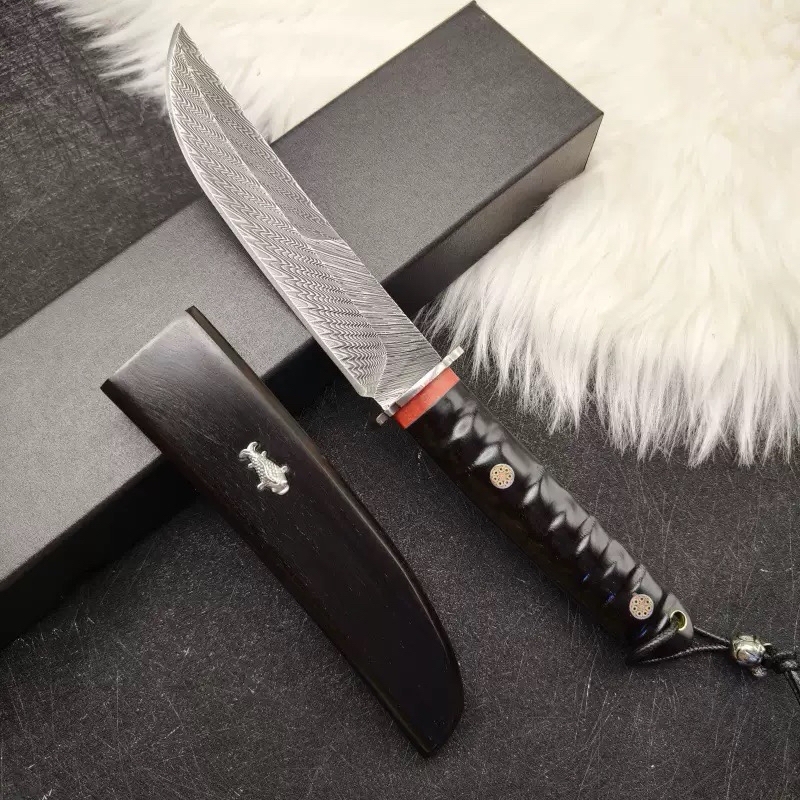 猫头鹰收藏级大马士革钢刀一体龙骨实木直刀便携户外露营小直刀