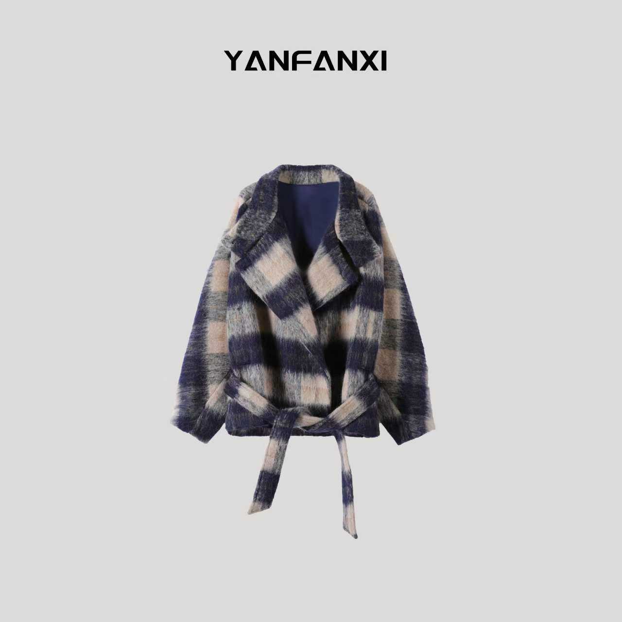 YANFANXI格子厚款休闲风学院风毛呢外套翻领外套秋冬短款格纹