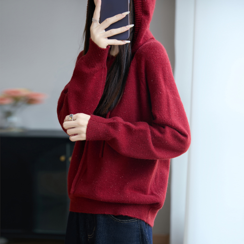 宽松女百搭红色针织帽衫连帽毛针织衫秋冬针织加厚
