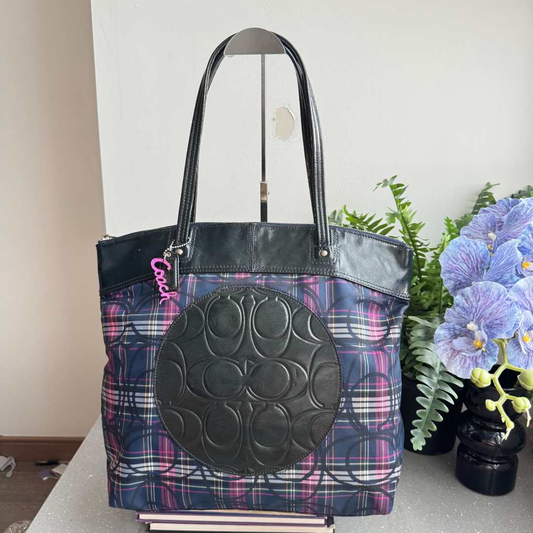 90新 COACH/蔻驰 中古深蓝油蜡皮拼紫蓝格纹单肩手提腋下包031