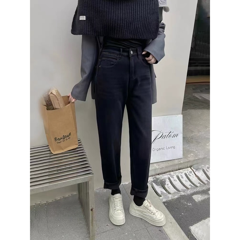 16756-薄绒加厚哈伦牛仔裤女新款宽松遮肉显瘦老爹裤