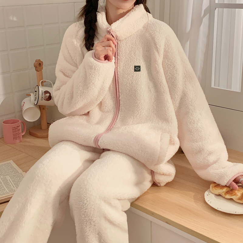 加厚冬季女款高领睡衣家居服套装大学生可外穿睡衣拉链家居服套装