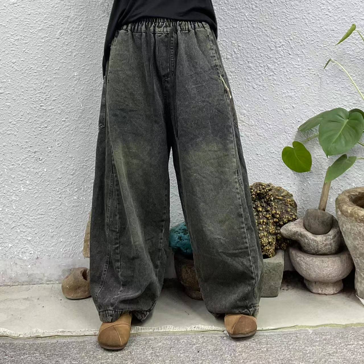 2620083秋款复古蓝两侧口袋炒色弯刀牛仔裤（长95臀围130脚口54