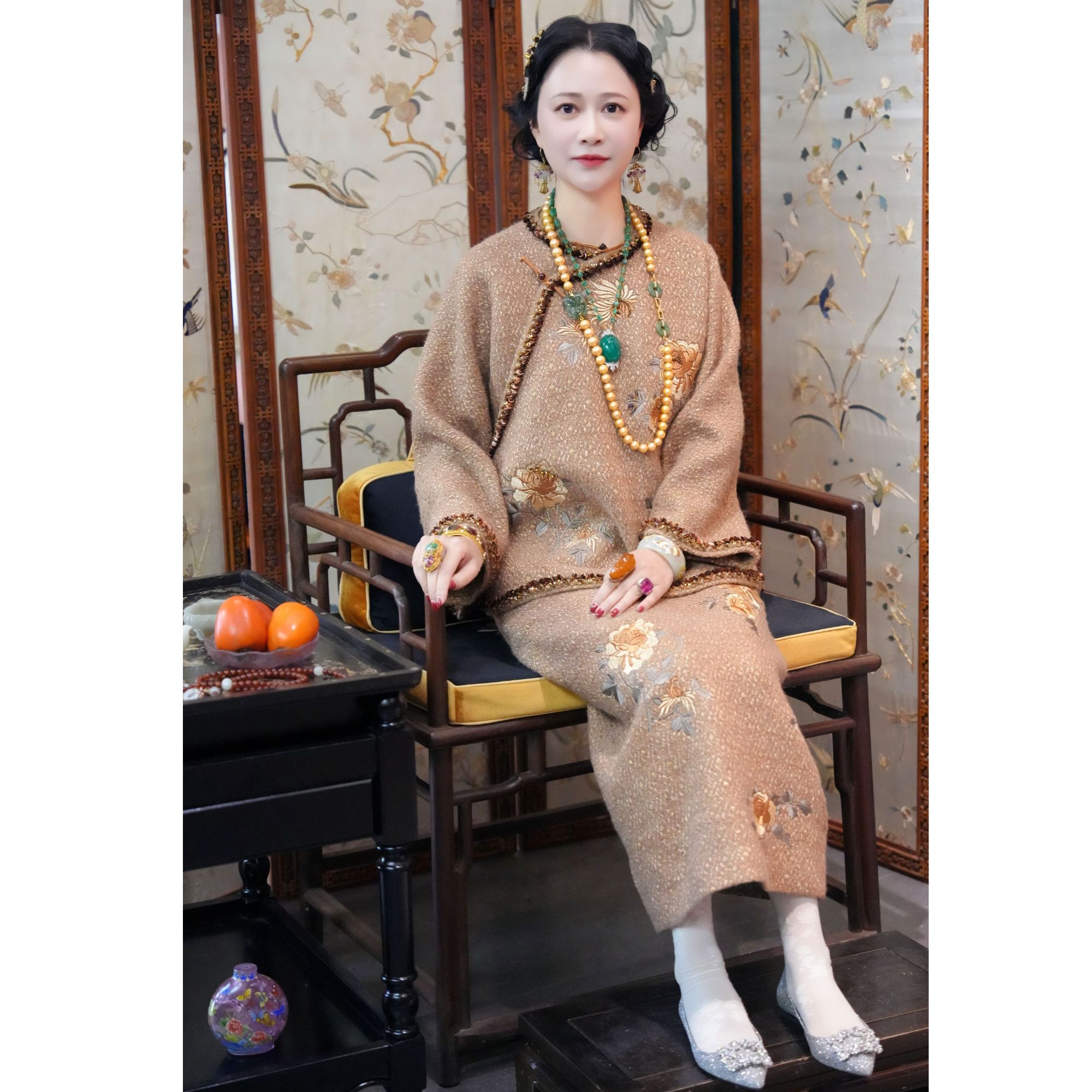 【云裳溪2025｜12月北京新款】 冬季国风气质网红秋橘色粗花尼套装