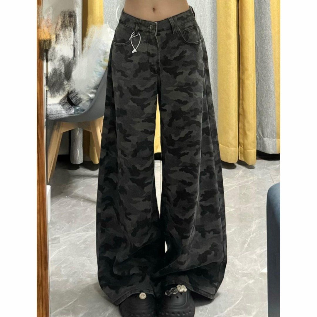 美式复古迷彩工装牛仔裤女高腰春季ins辣妹宽松垂感拖地阔腿裤潮