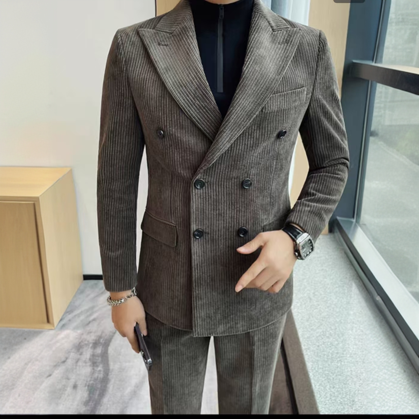 灯芯绒秋冬双排扣男士时尚痞帅抗皱休闲商务条纹高级感西服套装