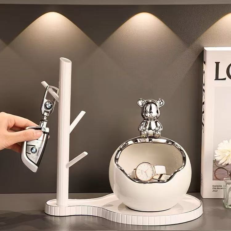 小熊收纳摆件轻奢高档入户门口玄关放钥匙置物架摆件鞋柜可爱装饰