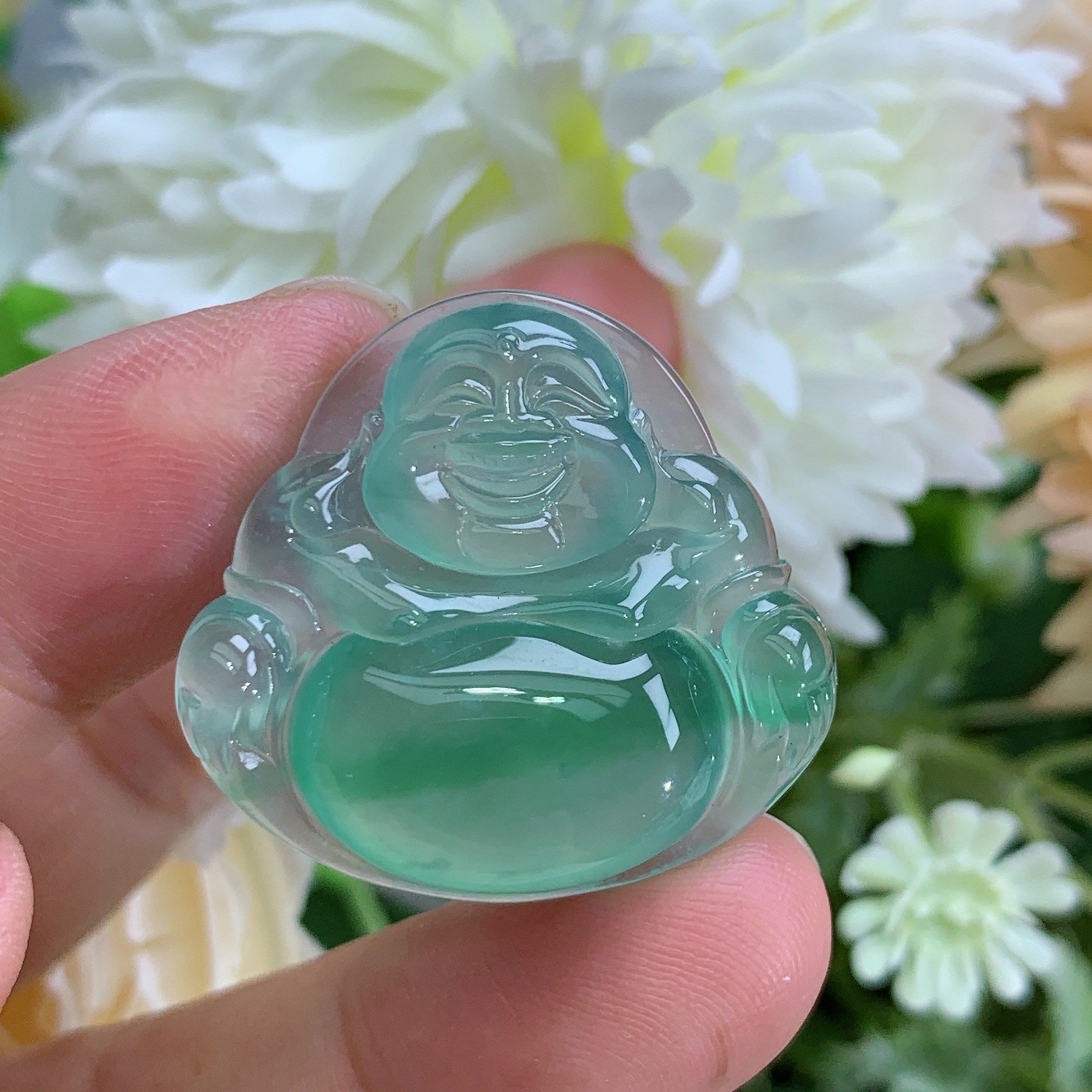 缅甸天然翡翠A货高冰起光晴绿飘阳绿佛公吊坠雪尺寸27.3/29.3/6mm