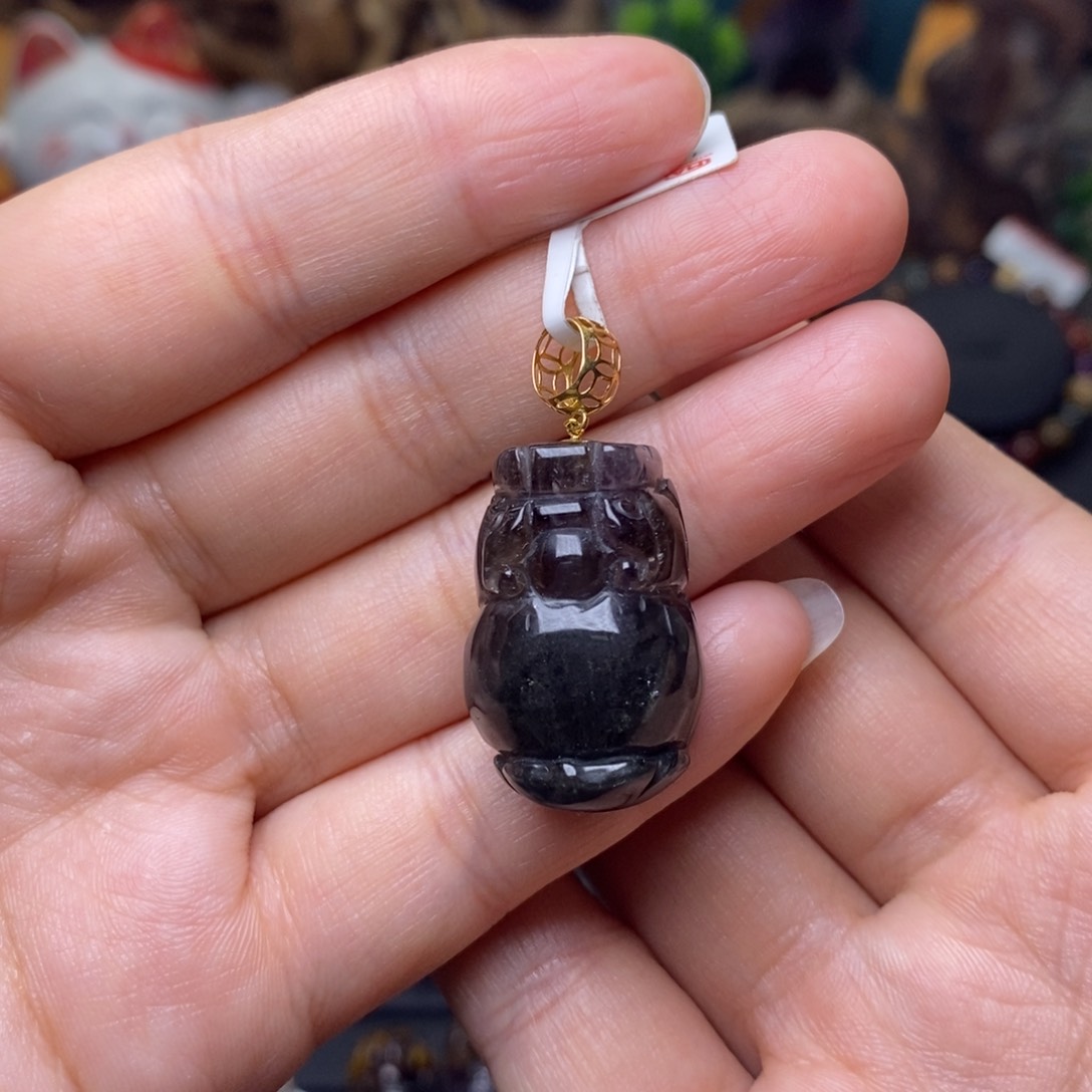 水晶A011烟花极光貔貅吊坠18K金镶嵌