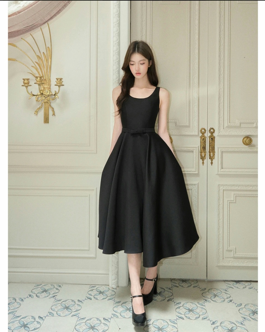 W512  蝴蝶结U领赫本长裙法式收腰无袖连衣裙气质礼裙