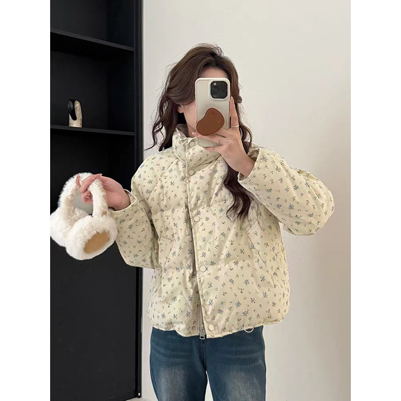 魅喻主推鸭绒羽绒服女款2024冬季韩版小花朵羽绒服短款立领冬季