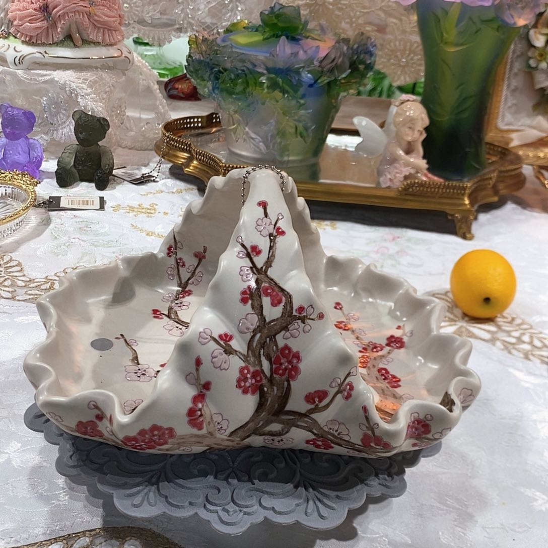 摆件F3172高温瓷桃花流水提篮果篮