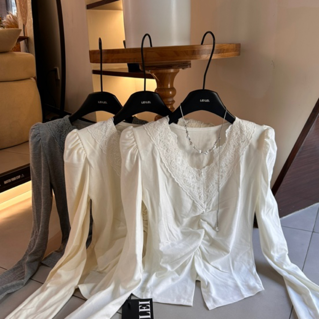 长袖常规款泡泡袖显瘦V领蕾丝T恤拼接修身短款洋气