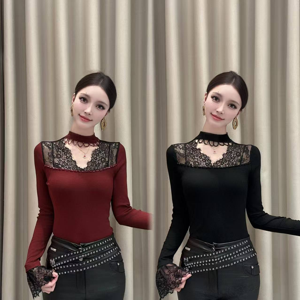 【松弛盎然】秋冬蕾丝流苏亮钻磨毛绒T恤打底衫上衣小衫修身显瘦女