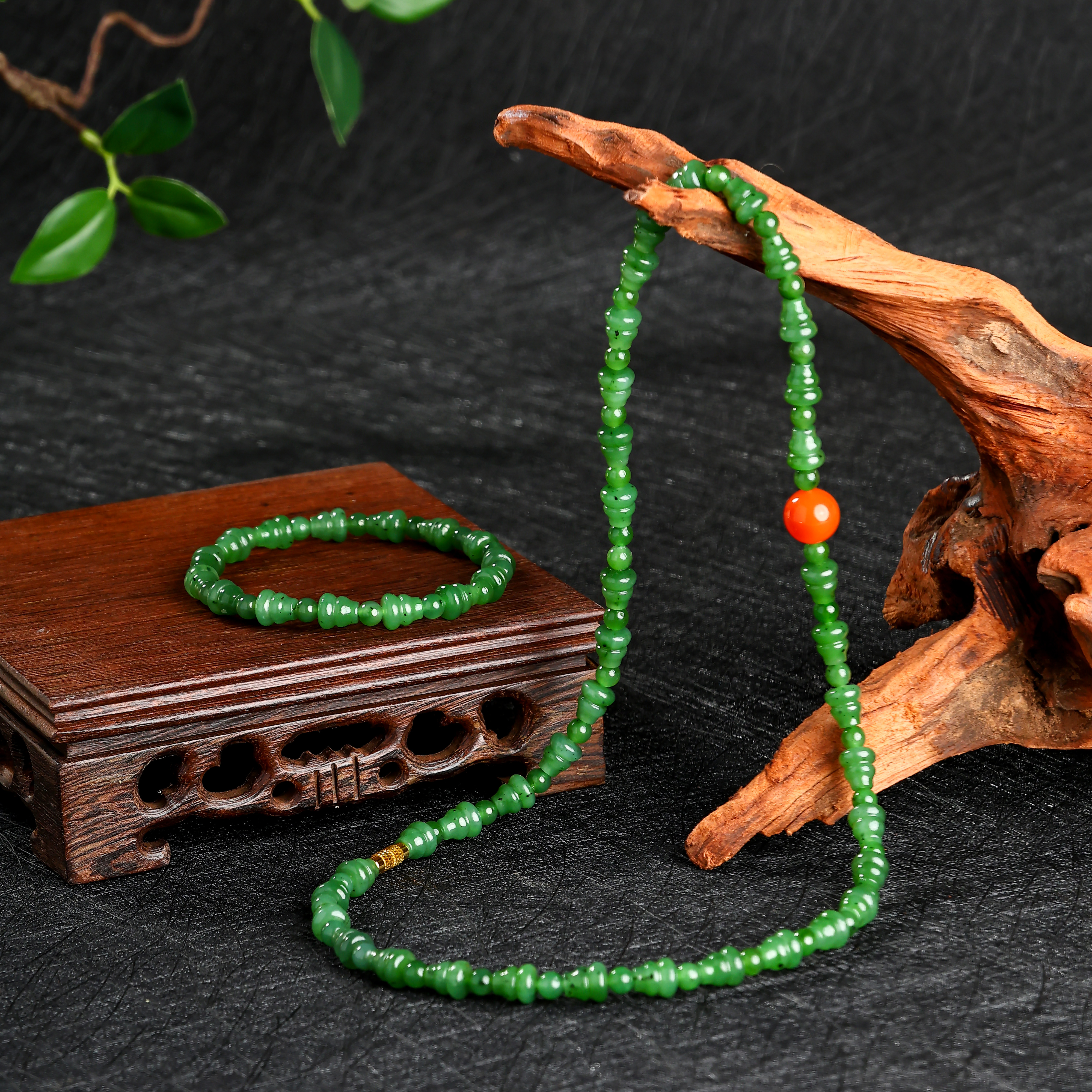 【矿姐珠宝】和田玉碧玉项链葫芦两件套南红时尚百搭款