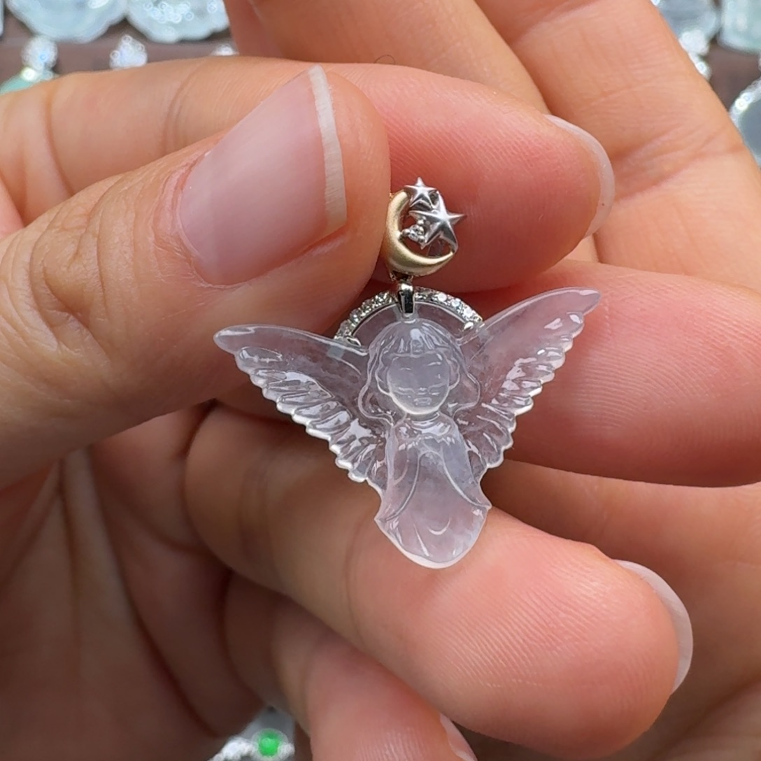 翡翠18K金镶嵌吊坠(赠链)玻璃种天使吊坠