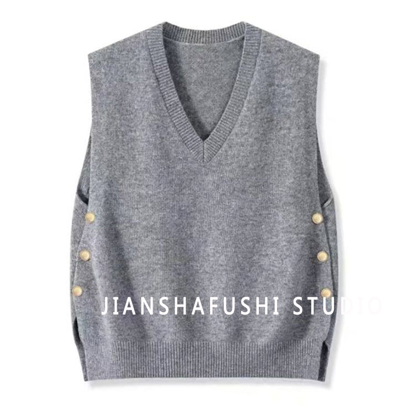 马甲透气百搭螺纹v领叠搭外穿马甲宽松型拼接常规厚度V领马夹