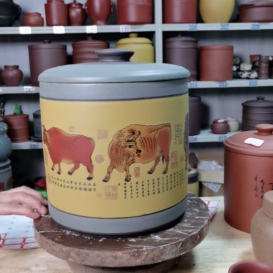 紫砂茶叶罐正品五牛图双层粉浆8039