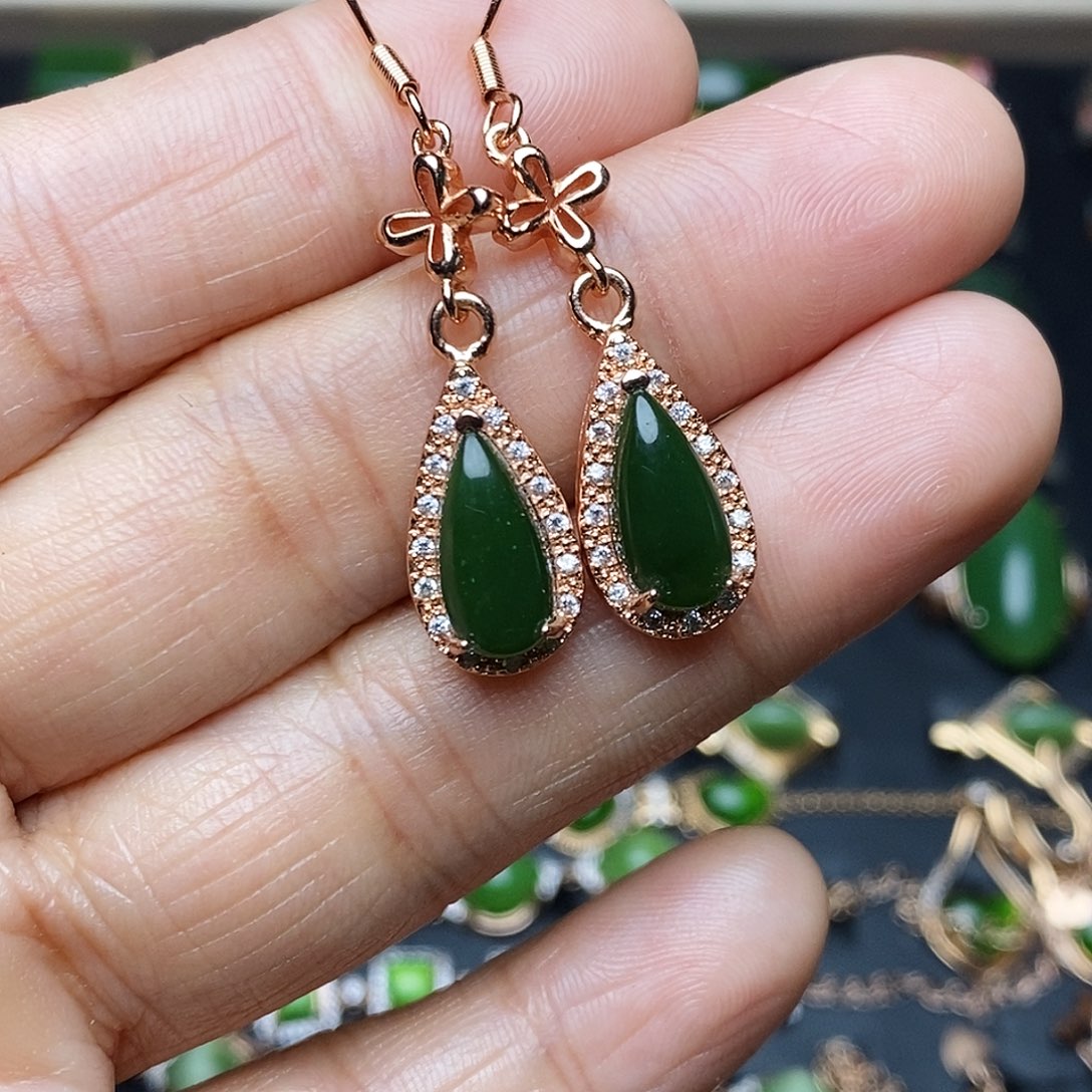 和田玉（碧玉）耳饰银S925镶嵌