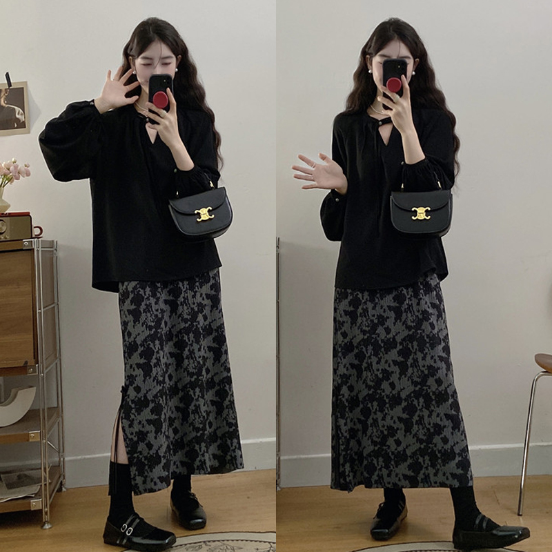 大码胖mm秋冬新款新中式显瘦宽松衬衣+半身高腰直筒裙两件套装女