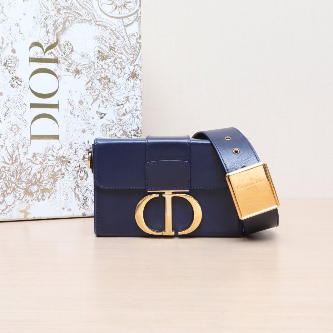 95新 DIOR/迪奥 小花姑姑053556蒙田 Box 蓝色 金扣包
