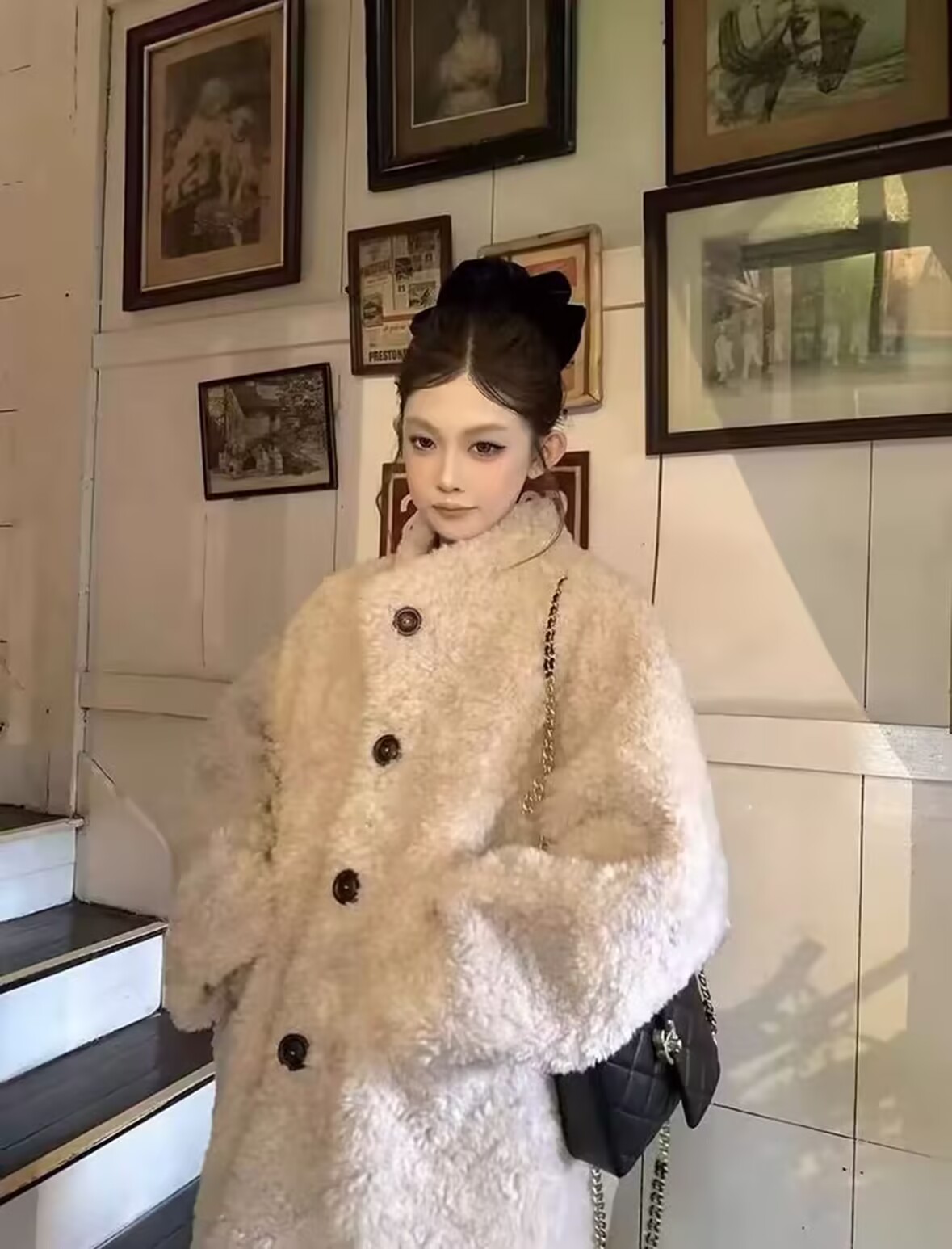 慵懒雪松廓形环保仿羊羔毛皮毛一体女秋冬加厚中长款毛毛外套女