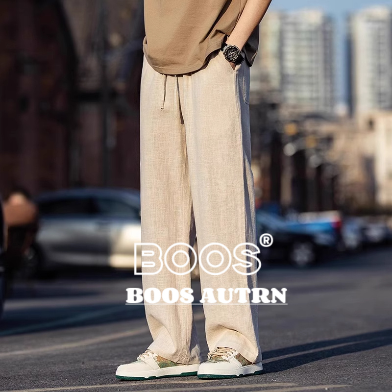 BOOS 复古亚麻裤男士夏季薄款透气宽松直筒裤垂感棉麻休闲裤子