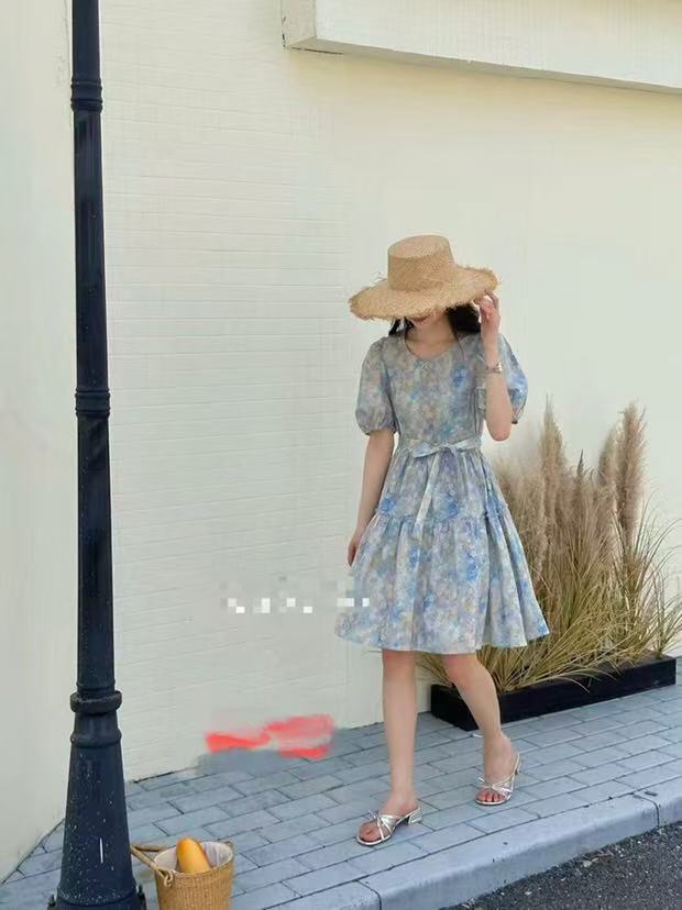 【韩衣舍】夏季碎花连衣裙泡泡袖收腰中长款韩版时尚