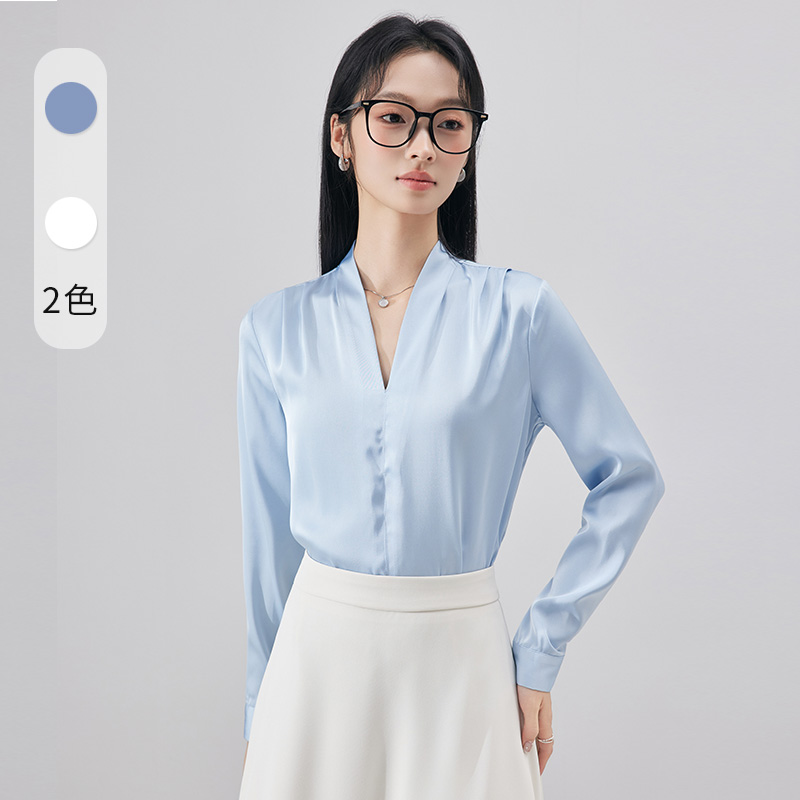 蓝色缎面衬衫女长袖正装v领设计感轻职场通勤穿搭职业面试白衬衣