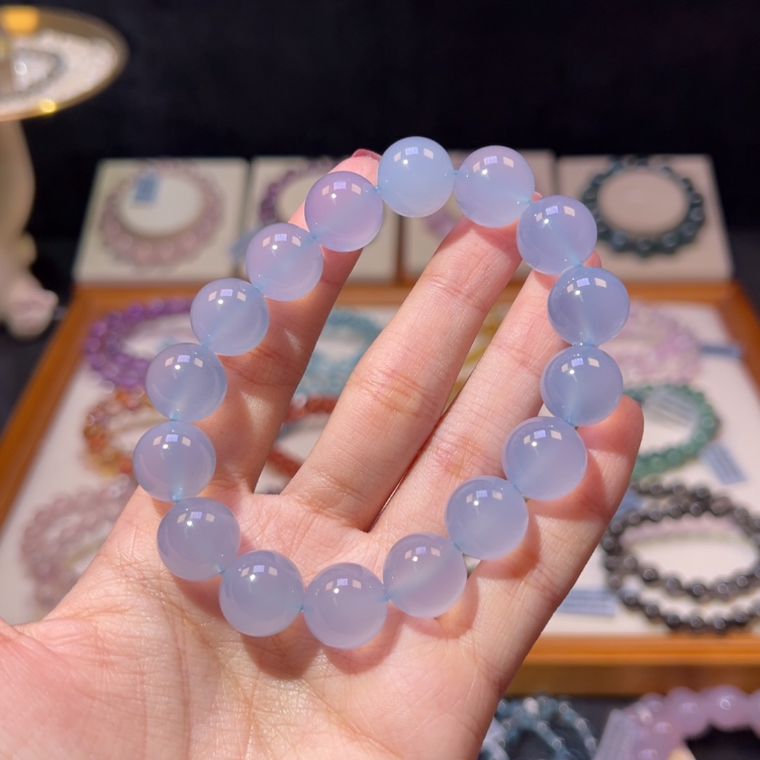 玛瑙/玉髓手串未镶嵌13m天花板冰种蓝玉髓