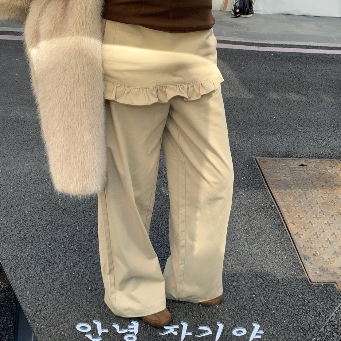 Sam Seoi大樊 假两件木耳边裙裤女秋季新款设计感直筒阔腿休闲裤