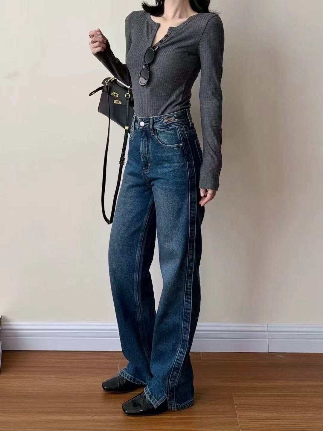 【济州岛】港风字母刺绣抓绒开叉窄版牛仔裤裤 21917