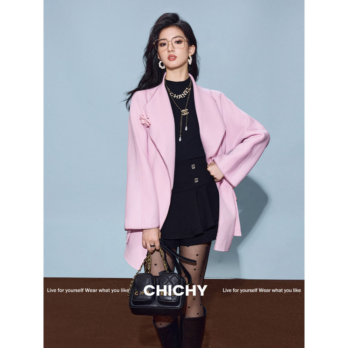 《李易行》CHICHY粉色洋气宽松中长款毛呢CWAC001244