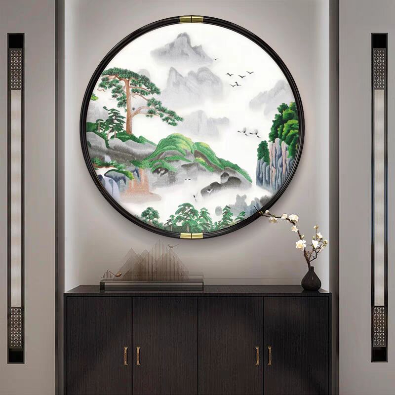 圆形山水刺绣装饰画新中式玄关走廊实木挂画茶室餐厅立体悬浮挂画