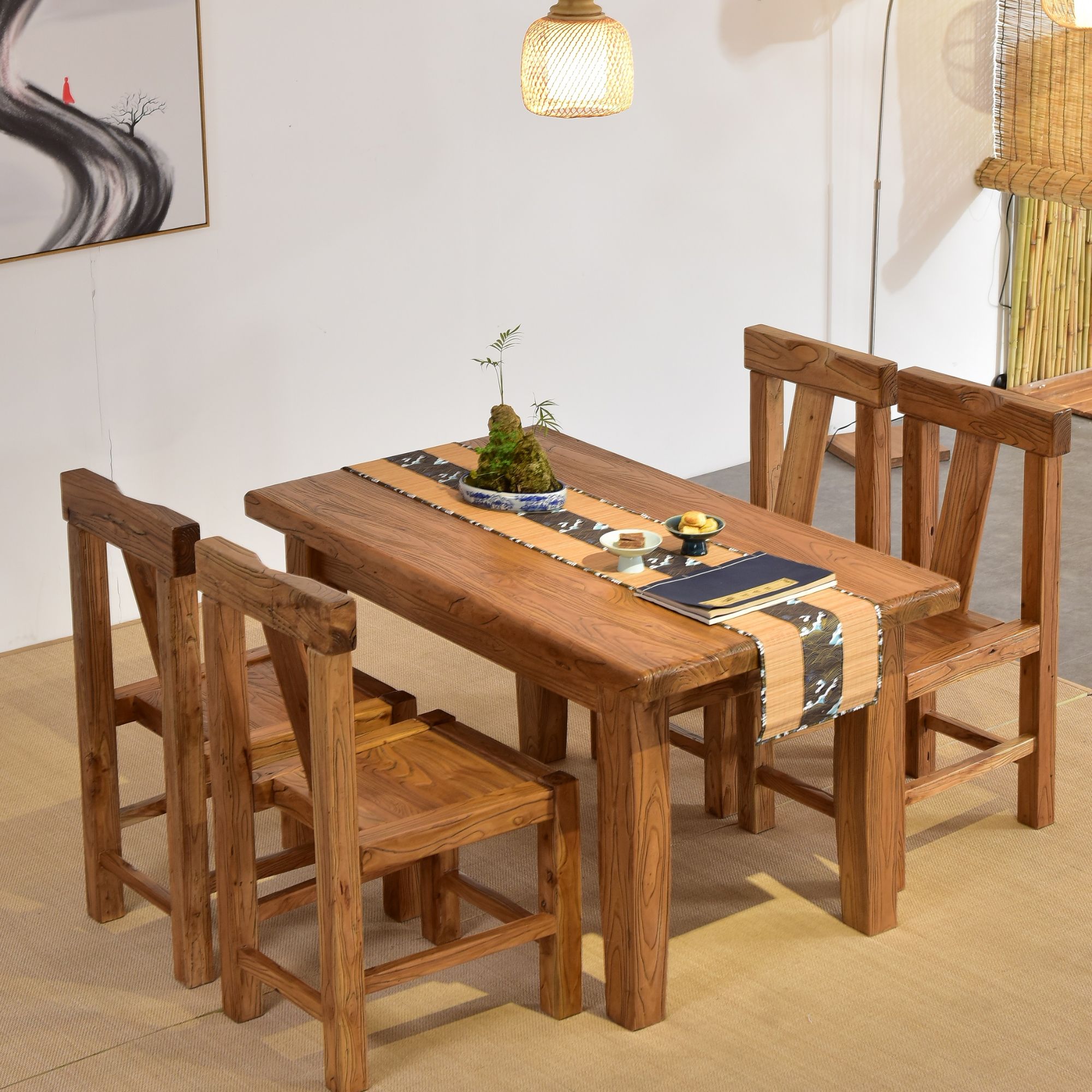 老梁故事锥腿餐桌新中式实木餐桌榆木家用小户型吃饭桌子长方形