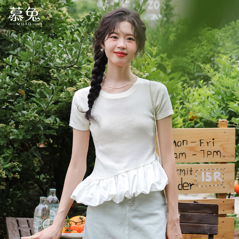 慕兔法式花苞拼接短袖针织衫女夏季2024新款设计感小众不规则上衣