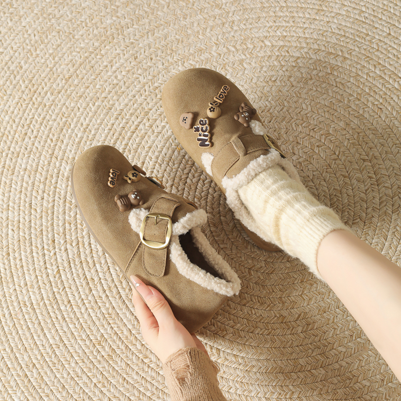 加绒全包勃肯鞋女2025冬季新款毛毛保暖外穿一脚蹬加厚休闲