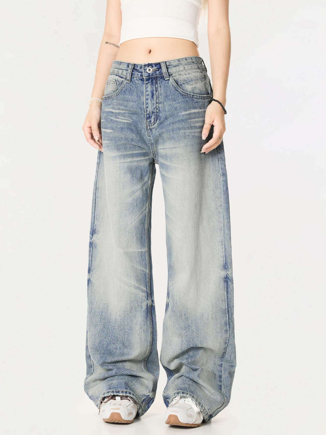 Xcool store 潮牌高品冰蓝牛自然猫须直筒宽松美式做旧复古牛仔裤