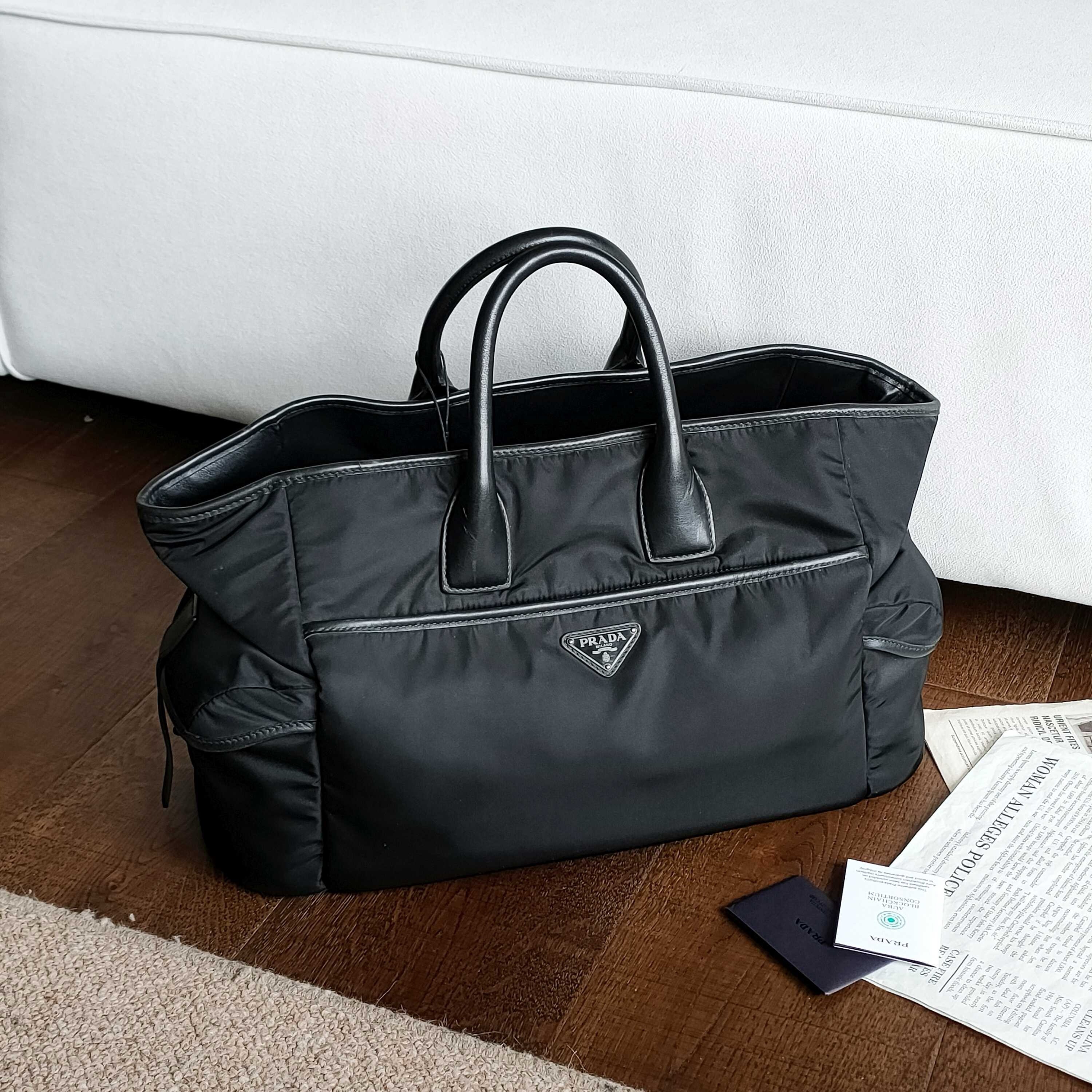 95新 Prada/普拉达  Azul-黑银时髦百搭尼龙旅行袋/38185