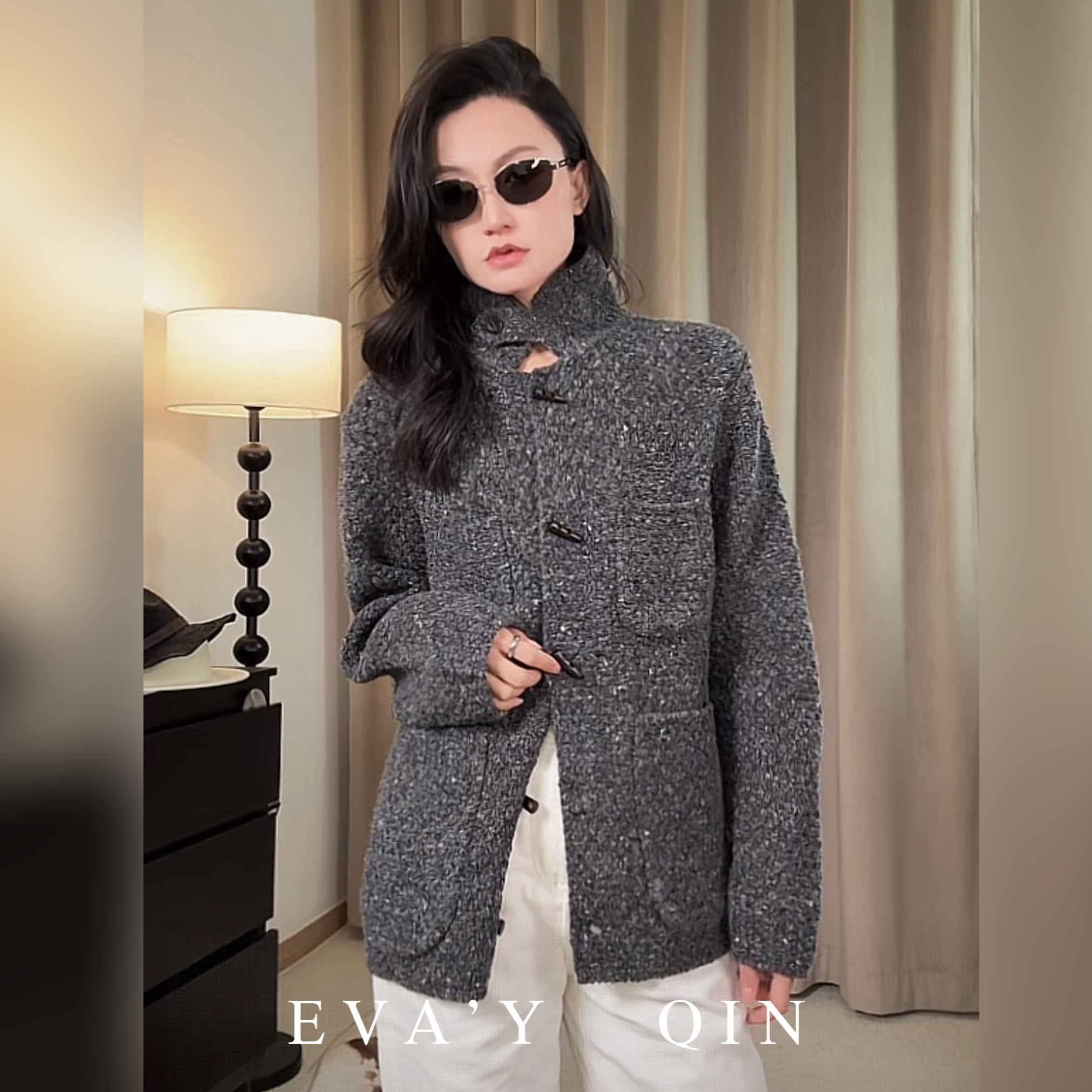 Eva‘Y丨“LP经典”100绵羊毛极简老钱风花纱牛角扣粗针重磅针织外套