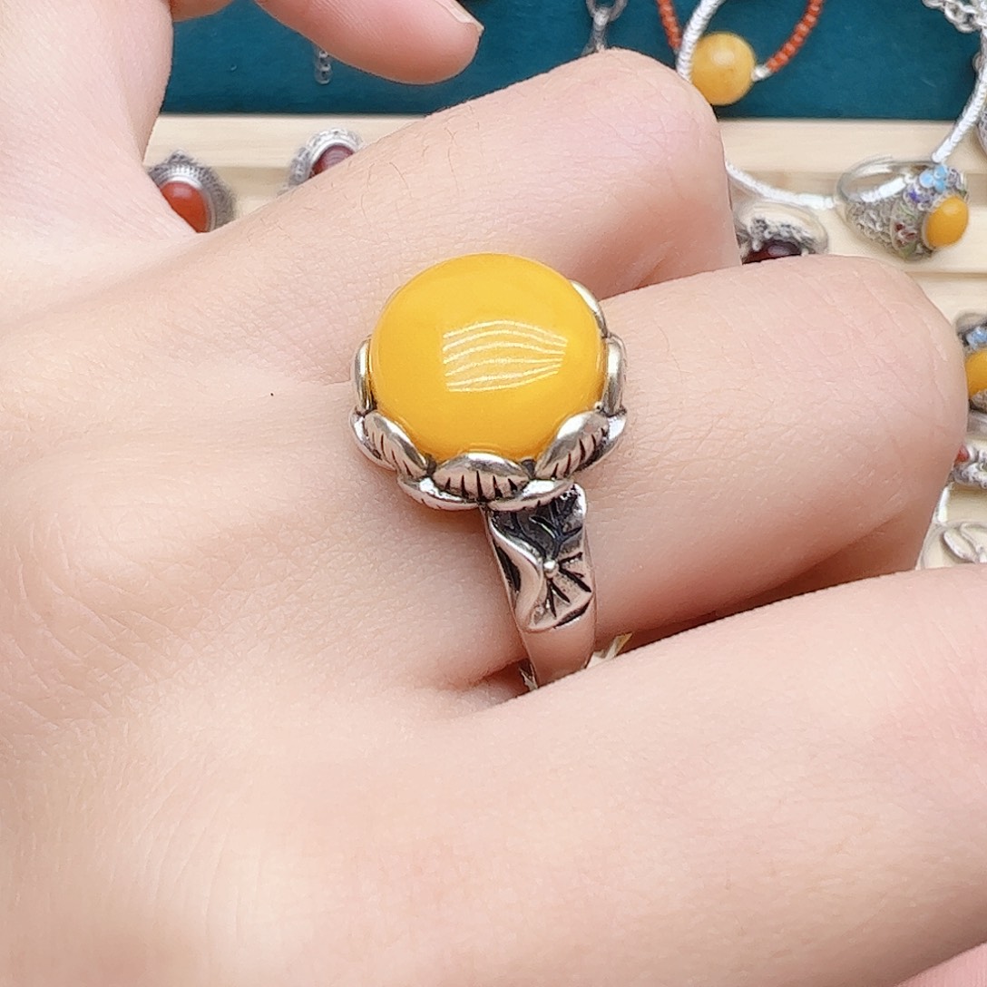 蜜蜡戒指银S925镶嵌天然蜜蜡