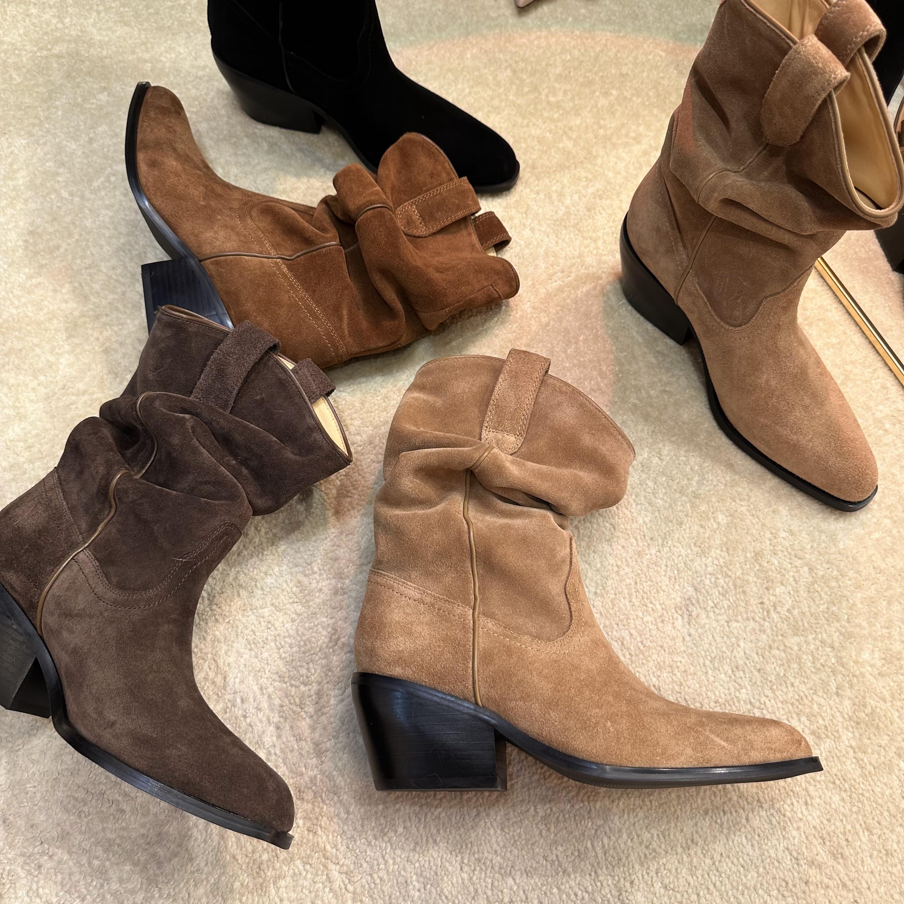 粗跟短靴褶皱堆堆靴女秋冬新款中筒马丁靴002-2