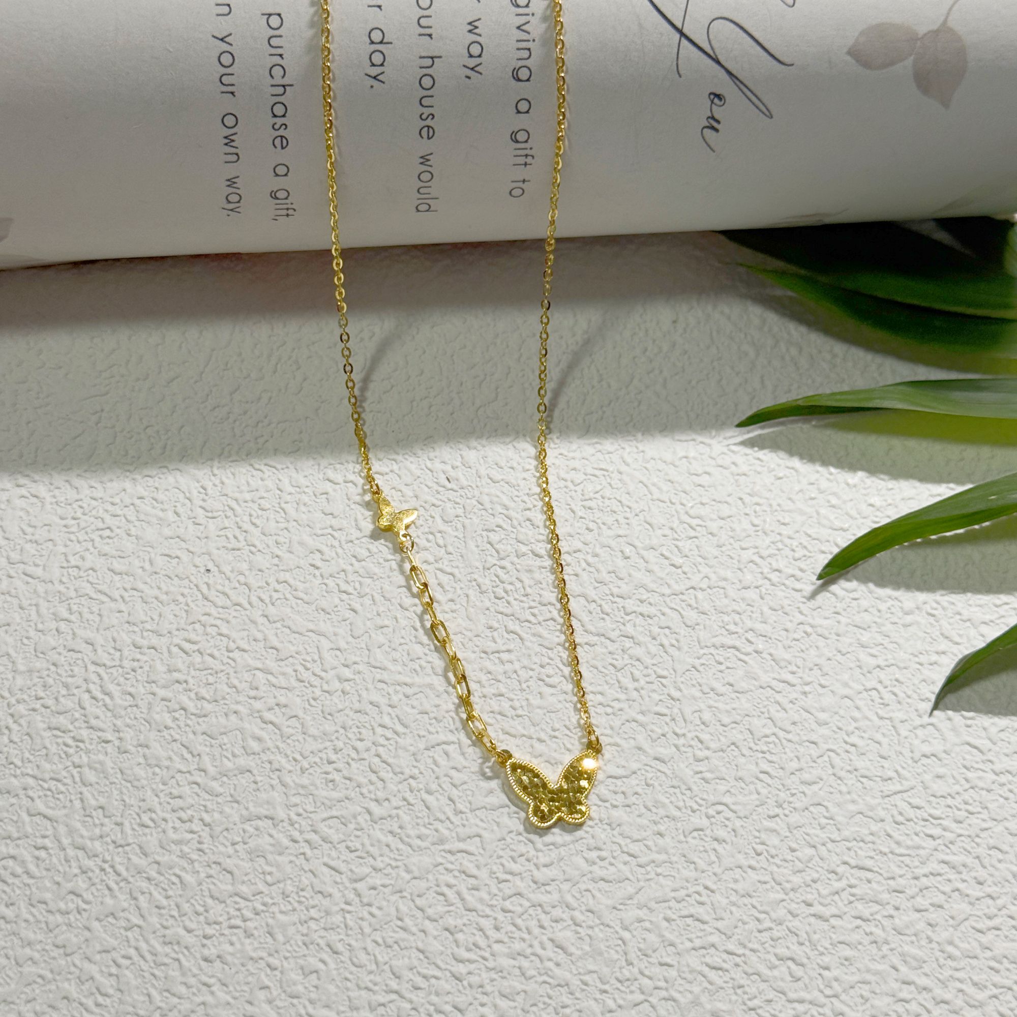 5G工艺【碎冰镭射双面蝴蝶黄金项链】足金999