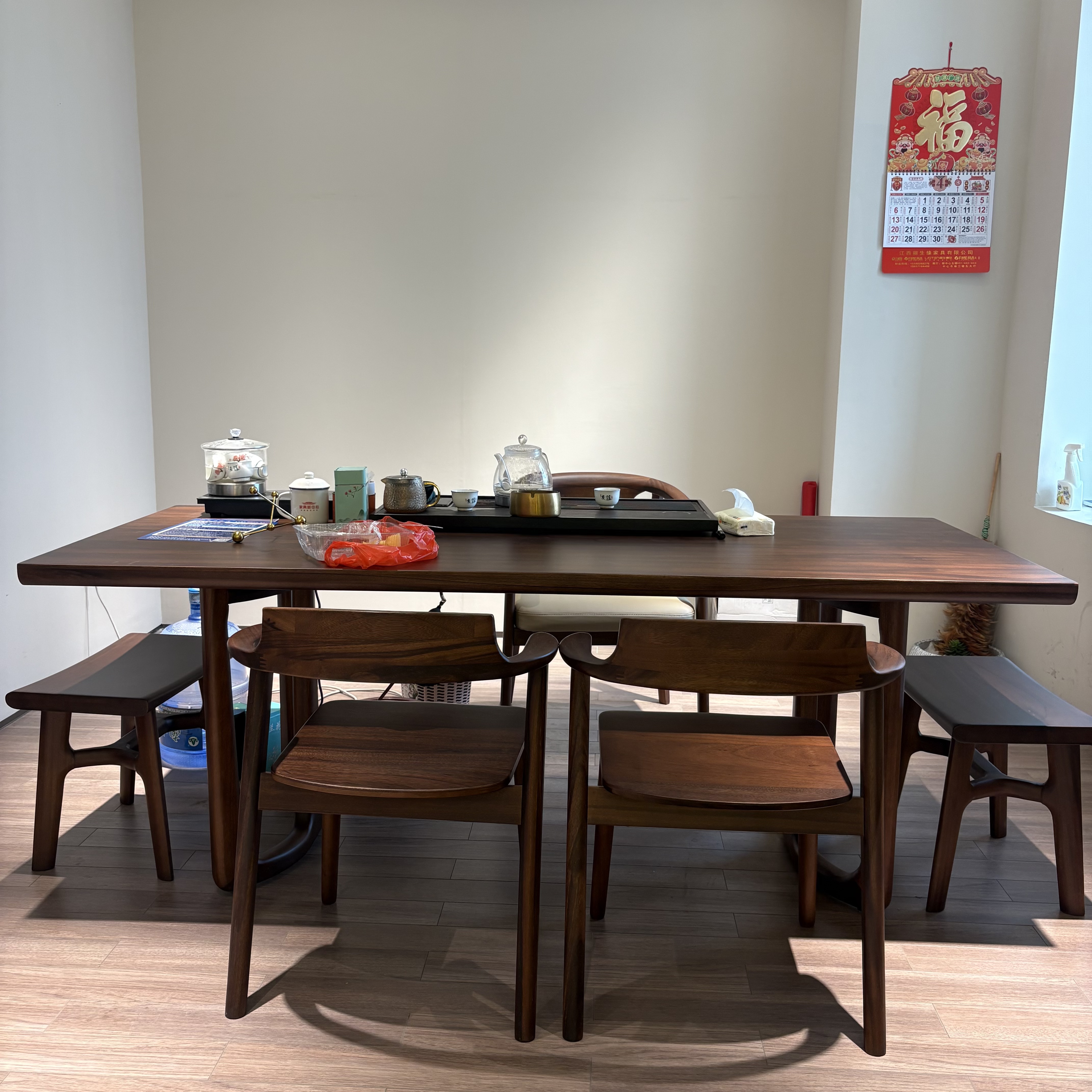 LA9210#实木大板桌胡桃木餐桌1.6米书房茶室饭桌1.6米1.8可选凳子